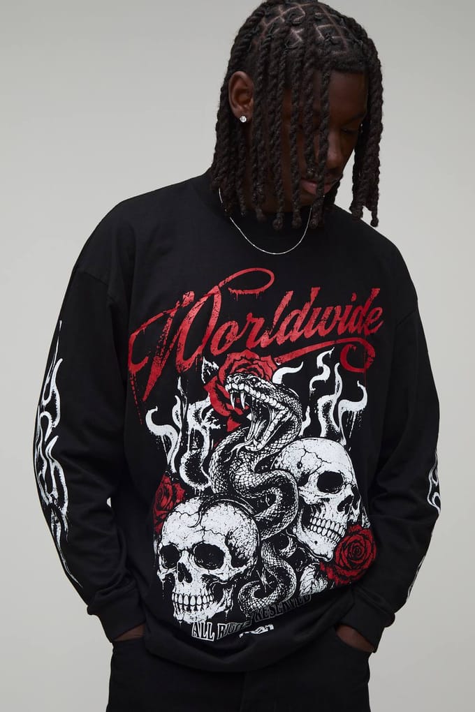 Zwart Oversized Gothic Tattoo Print Shirt Met Lange Mouwen | Black | Size Medium
