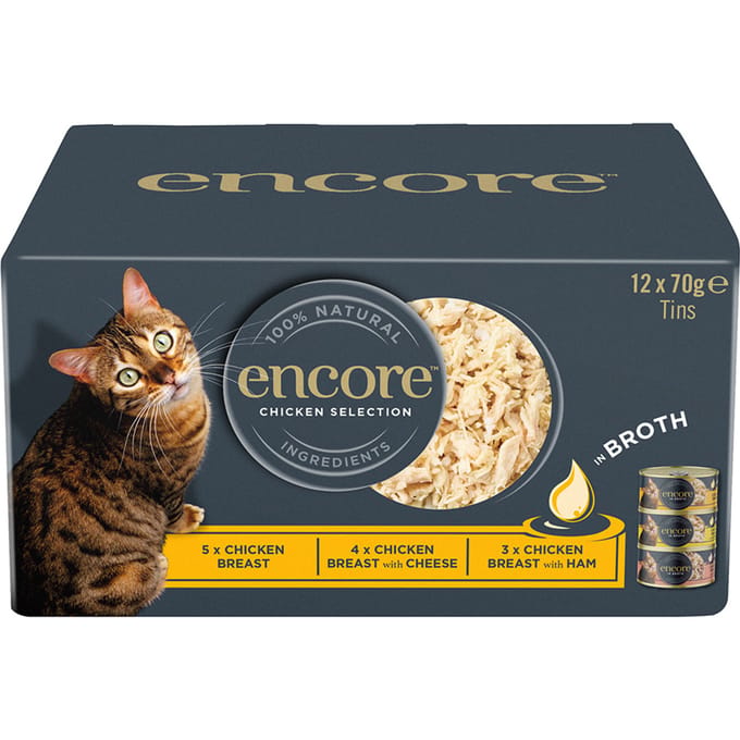 12x70g Encore blikje in bouillon Kip Selectie Multipack nat kattenvoer
