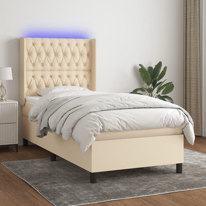 vidaXL - Boxspring - met - matras - en - LED - stof - crèmekleurig - 90x190 - cm
