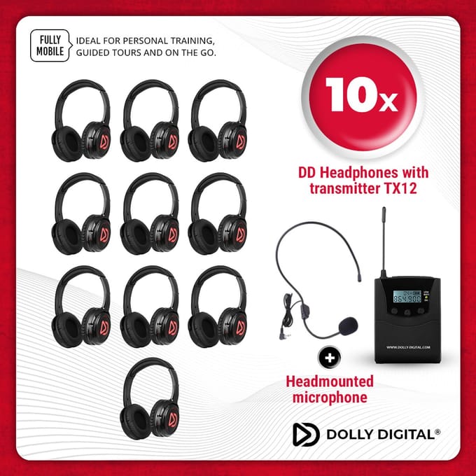 Personal Trainer & TourGuide kit Dolly Digital©, 10 oplaadbare silent disco headsets en draagbare zender