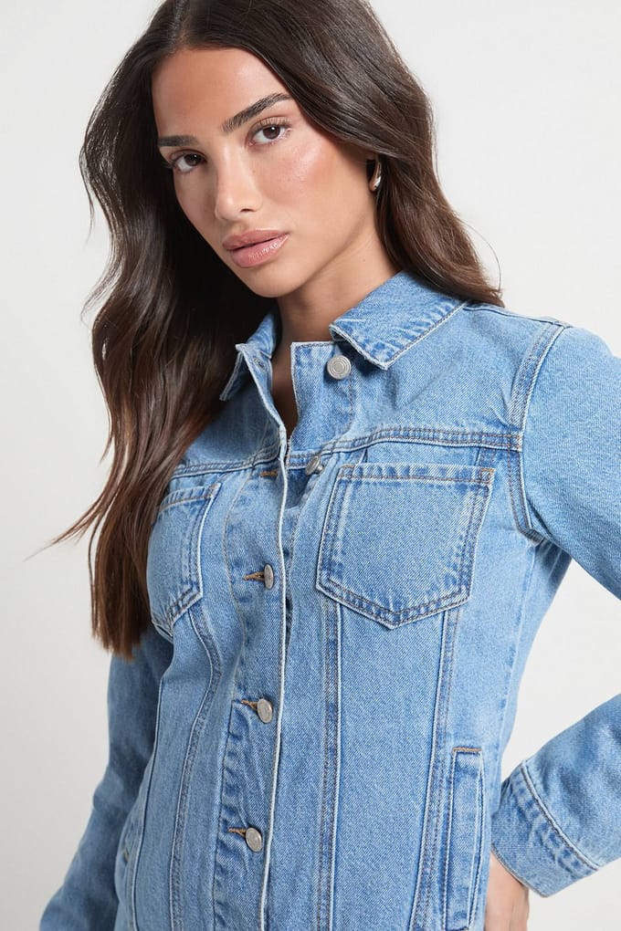 boohoo Dames Petite Western Denim Mini Jurk | Mid Wash | Maat: 10