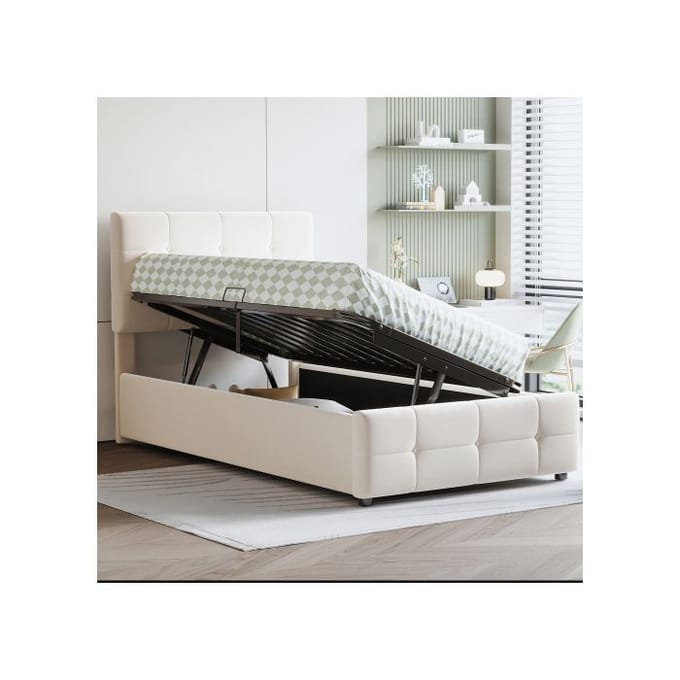 Kinderbed - MUVOE - 90x200 cm - Hydraulische opberging - Verstelbaar hoofdeinde - Beige grijs