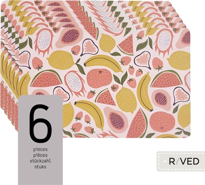 Raved Placemats - Set van 6 Stuks - Britt - Zomerfruit - Roze - Eettafel - Onderlegger - Waterafstotend