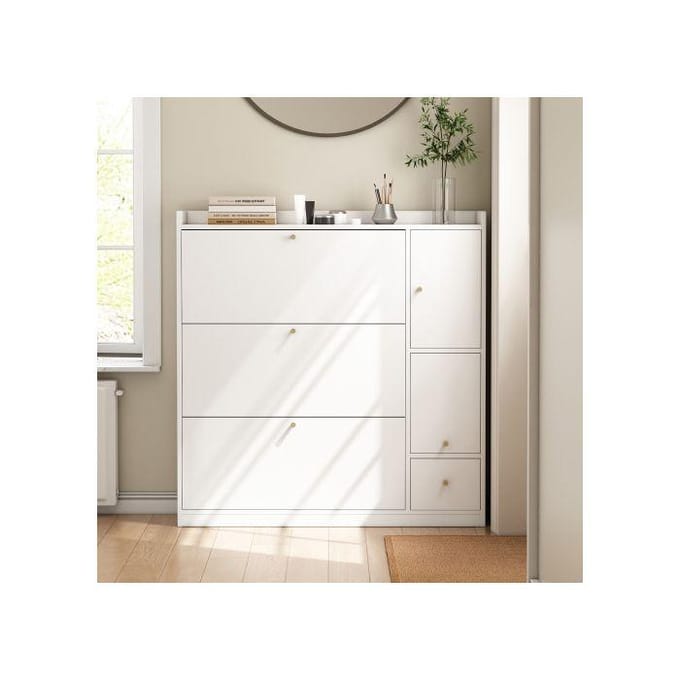 Meuble de rangement - MUVOE - Armoire à chaussures - Blanc - 3 tiroirs - Banc rabattable