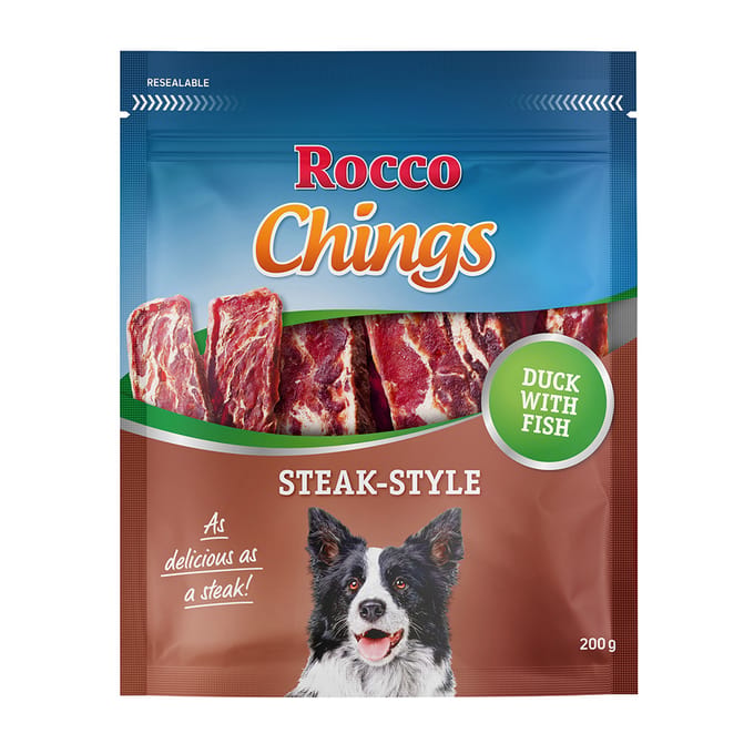 4x200g Chings Steak Style Eend Rocco Hondensnacks Eend & Vis