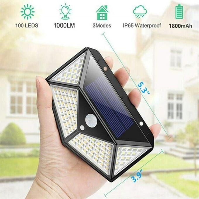 Solarlamp - 100 LED - Zwart - Bewegingssensor - Waterdicht - Buitenverlichting