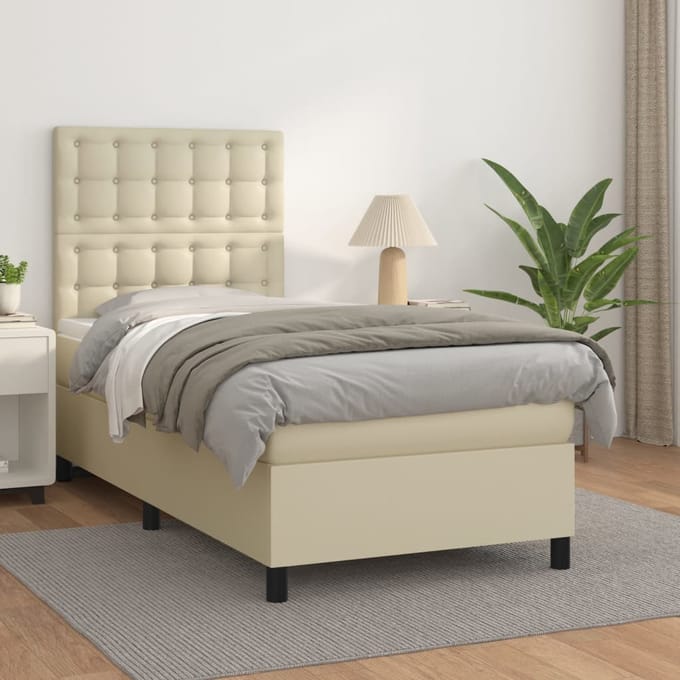 vidaXL - Boxspring - met - matras - kunstleer - crèmekleurig - 90x190 - cm