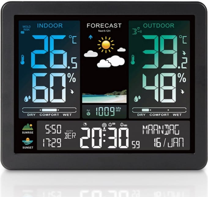 Vendico Weerstation - Draadloos - Binnen en Buiten - met Buitensensor - Kleurendisplay