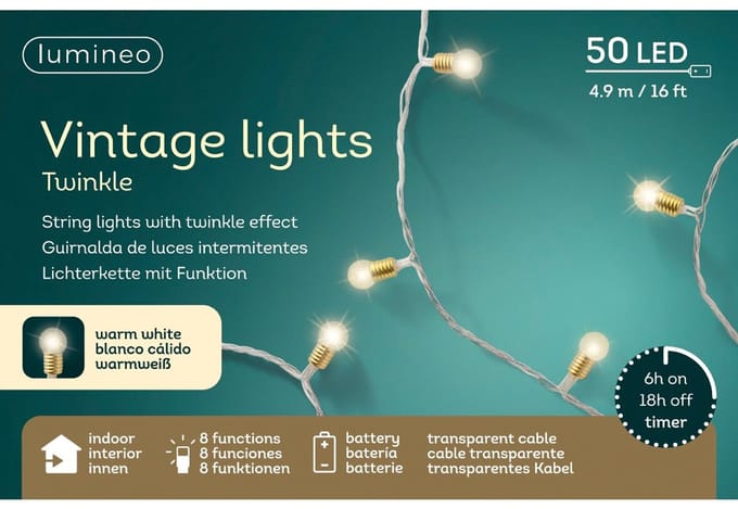 Lumineo - vintage light twinkel - 50 led-4,9m - warm wit - transparant