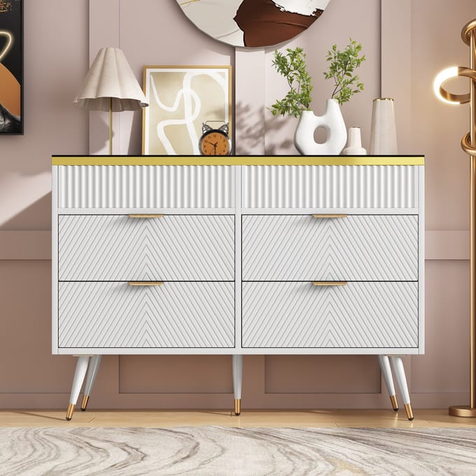 Sweiko Ladekast - Dressoir - 6 laden - Kantelbaar - Bruin glazen blad - 120 x 40 x 76 cm - Wit