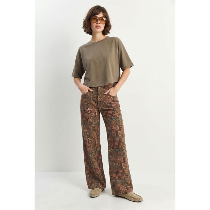 Hoge Taille Paisley Print Rechte Spijkerbroek