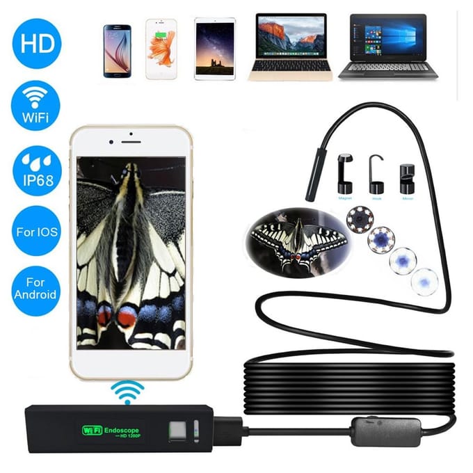 Endoscope WiFi multifonction 1200P HD, câble souple de 5 m, caméra endoscopique étanche pour téléphone blanc