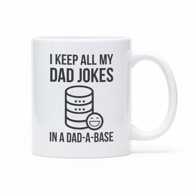 Dad Joke Mok 330ml – “I Keep All My Dad Jokes in a Dad-A-Base” – Grappig Cadeau voor Vaders, Programmeurs & Humor Fans