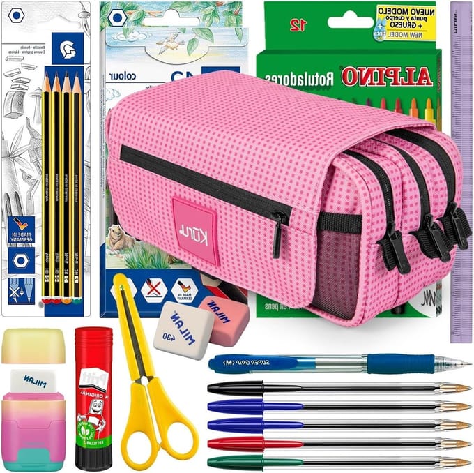 Etui met Ritsen - Pennendoos - Schoolbenodigdheden Opbergen - Drie Vakken - 24 x 16 cm - Roze