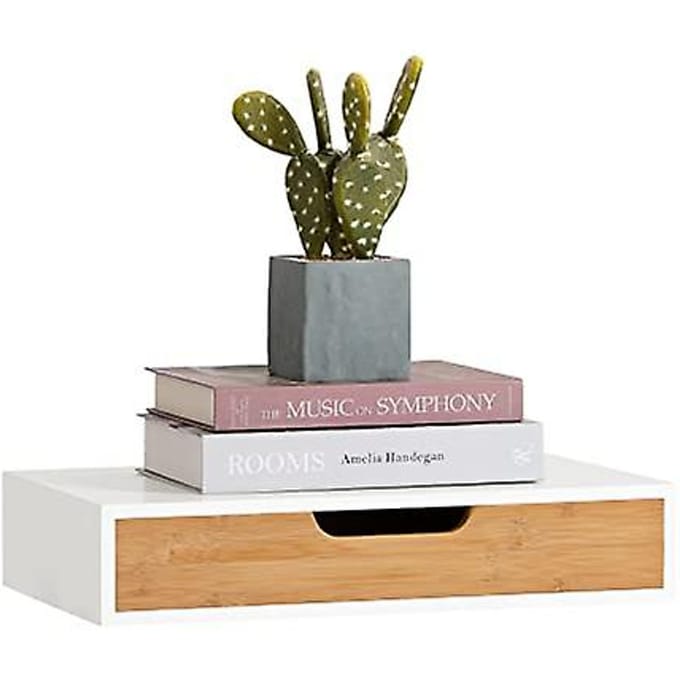 SoBuy Zwevende Plank - Wandplank - Bamboe - Wit - B40xL24.5xH8cm