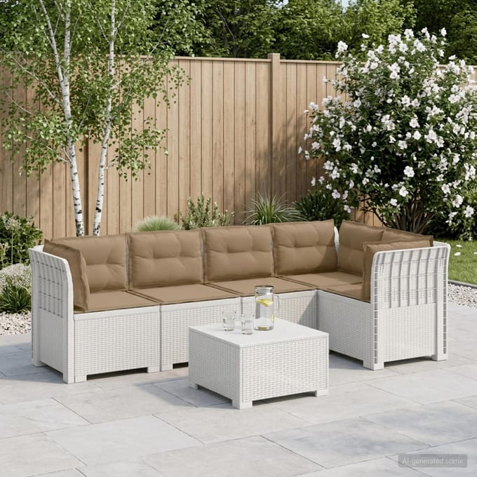 vidaXL - 5-Zits - Tuinbank - met - Kussens - Rattanlook - PP - Wit