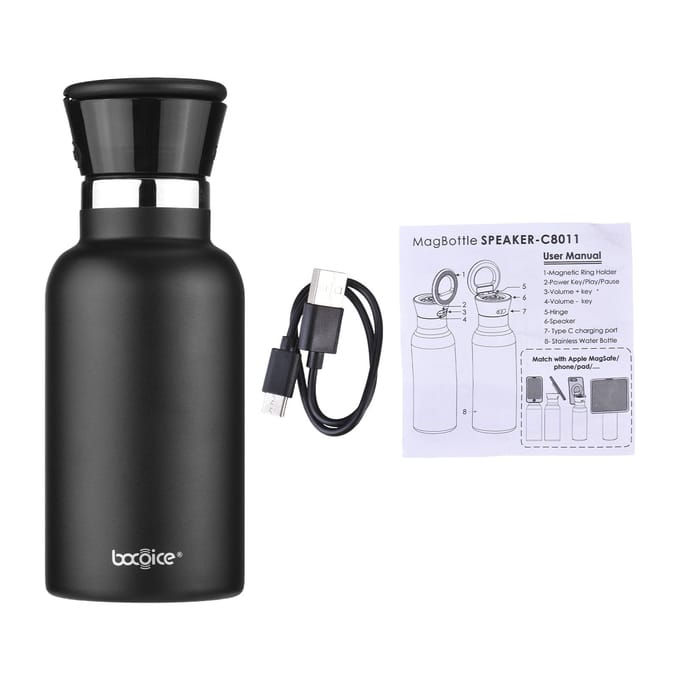 350ml Waterfles met BT-luidspreker Oplaadbare Magnetische Luidspreker Waterfles Roestvrij Staal Water zwart