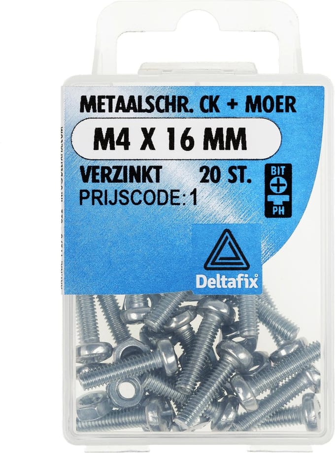 Deltafix metaalschroeven met moeren M4 x 16 mm - verzinkt - cilinderkop - 20 stuks