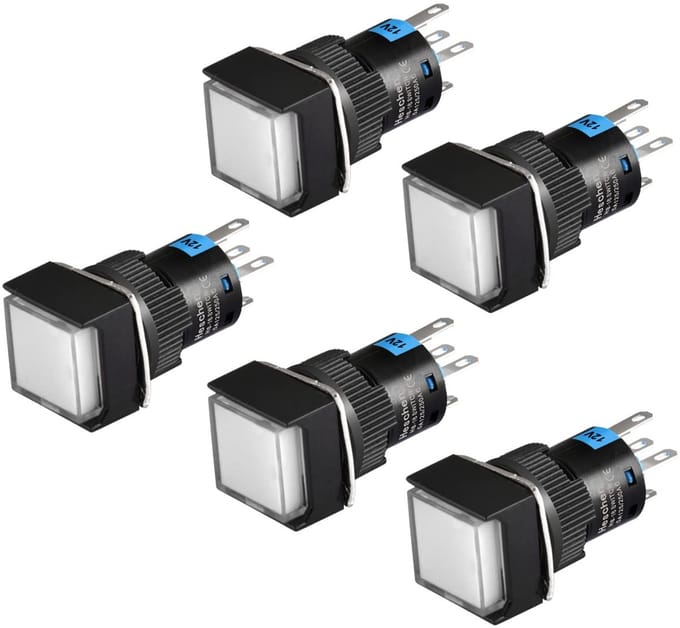 16mm Vierkante Drukknop Schakelaar Momentary 1NO 1NC met LED Verlichting (Set van 5)