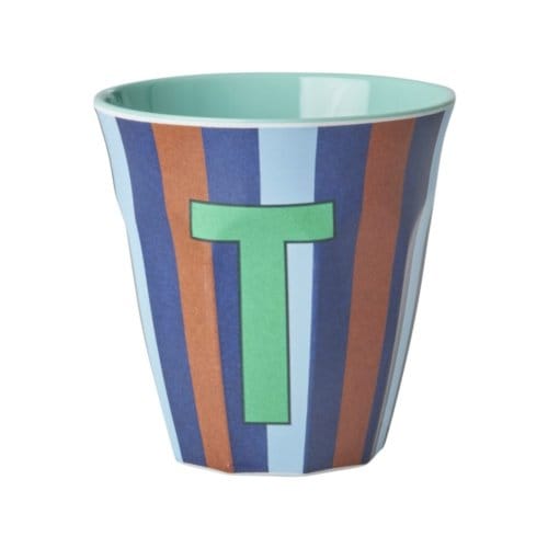 Rice melamine beker medium gestreept letter t, blauw