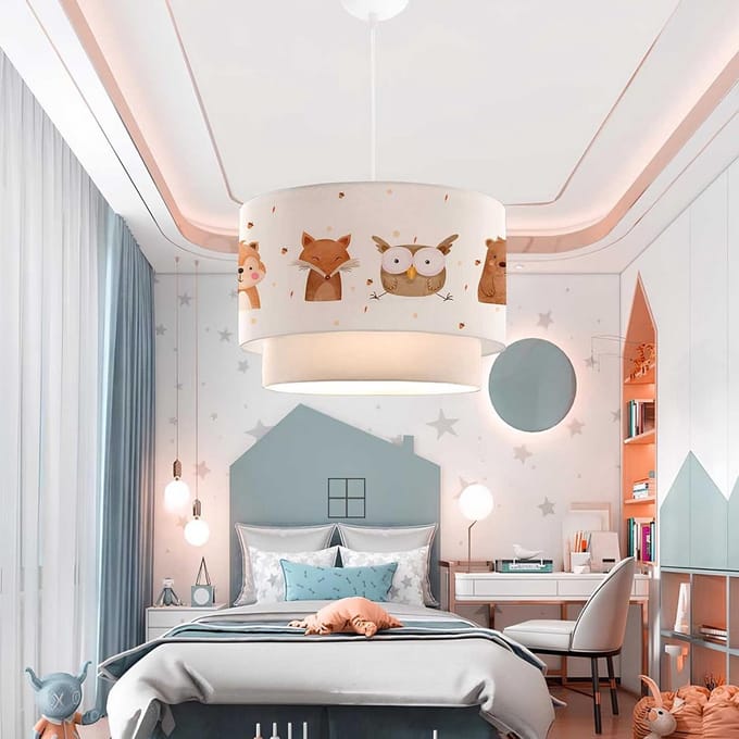 In hoogte verstelbare Kinder Hanglamp met Bosdieren Print - Wit - E27 Fitting