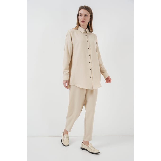 Linnenmix Lange Mouwen Shirt en Broek Co-ord Set