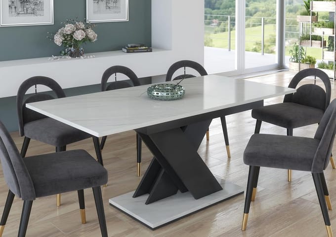 Uitschuifbare Eettafel 120-160 cm Modern Marmerlook met Grijze V-Poot