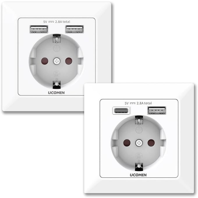 Stopcontact met 2 USB A en Type C Poorten, 2.8A, 250V, Wit (2 Stuks)