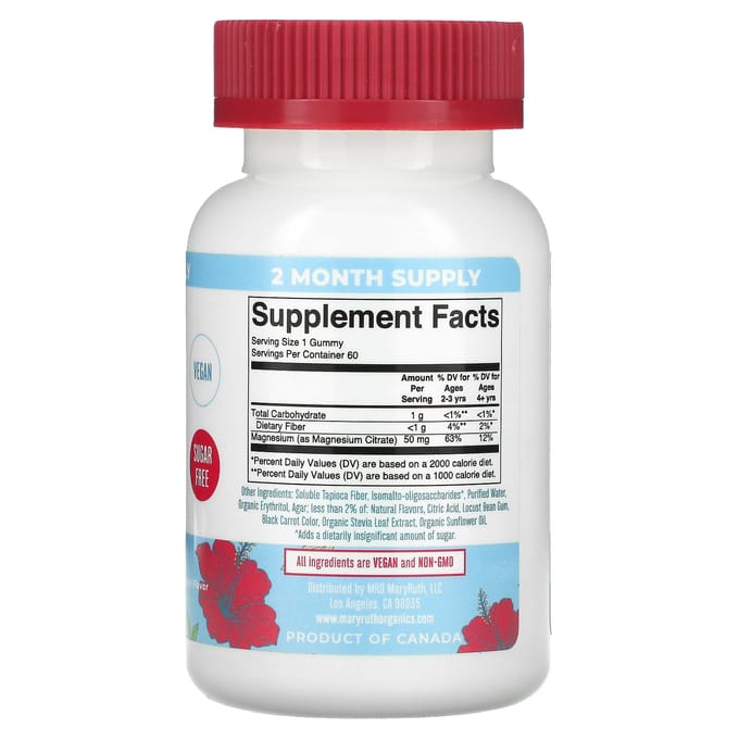 MaryRuth's, Magnesium Calm gummies voor kinderen, hibiscus, 60 gummies