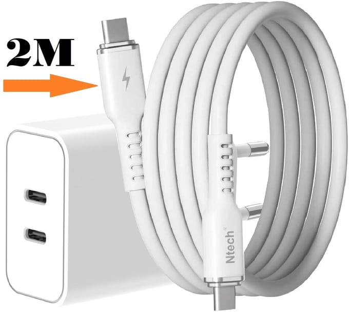 USB C Adapter 35W - USB C Oplader 2 poorten met 2M USB C naar USB C Kabel - Wit