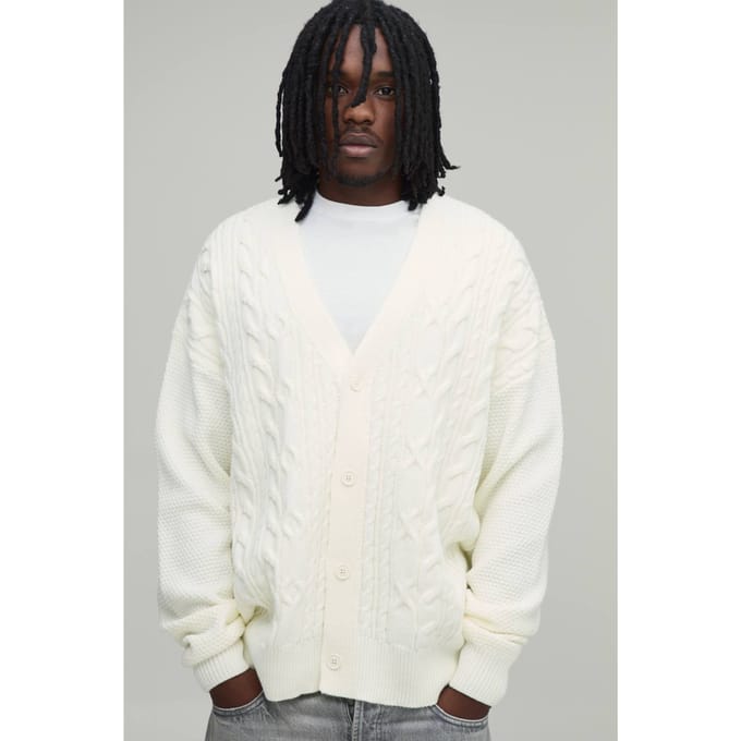 Tall Relaxed Fit Cable Knit Knitted Cardigan | Ecru | Size Large