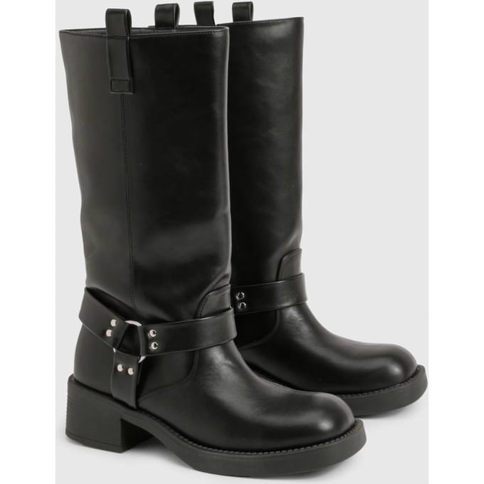 boohoo Dames D Ring Clean Calf Bikerlaarzen | Black | Maat: 3