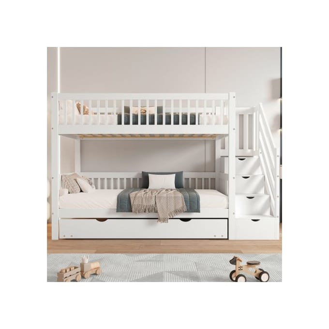 Stapelbed - 90x200/190 cm - Bed met ladderkast - Valbeugels - Massief wit hout wit
