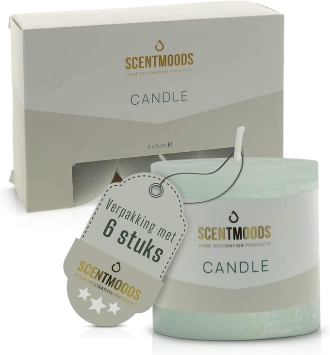 Scentmoods - Stompkaars - Rustieke Kaarsen - Set van 6 - Groen - Kaars - 5x5cm