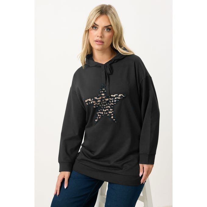 Yours Zwarte Hoodie Met Ster In Luipaardprint Size 48