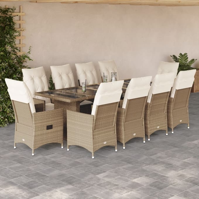 vidaXL - 11-delige - Bistroset - met - kussens - poly - rattan - beige