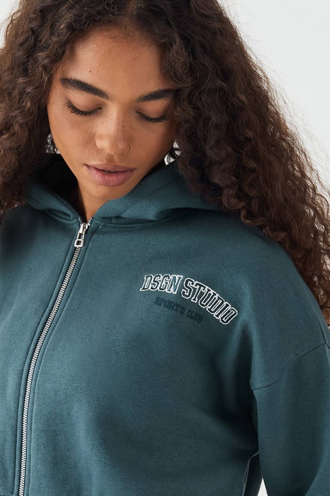 Dames DSGN Studio Boxy Crop Zip Through Hoodie | Teal | Maat: Medium