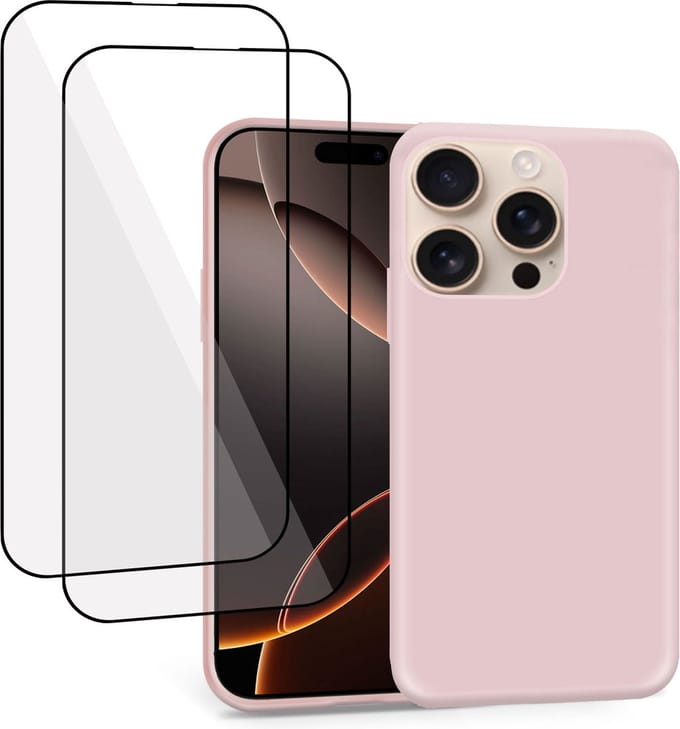 Geschikt voor Apple iPhone 16 Pro Max - Hoesje + 2x Screenprotector – Full Cover Gehard Glas – Suède Back Cover Case Rose