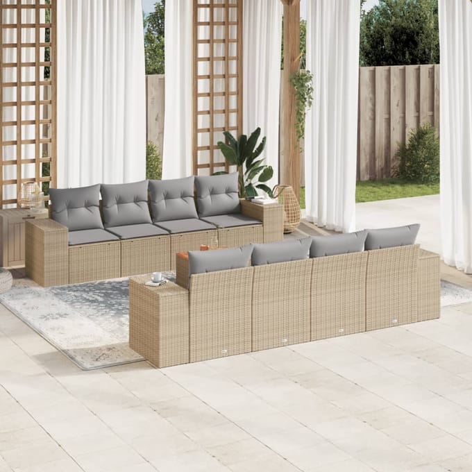 vidaXL - 9-delige - Loungeset - met - kussens - poly - rattan - beige