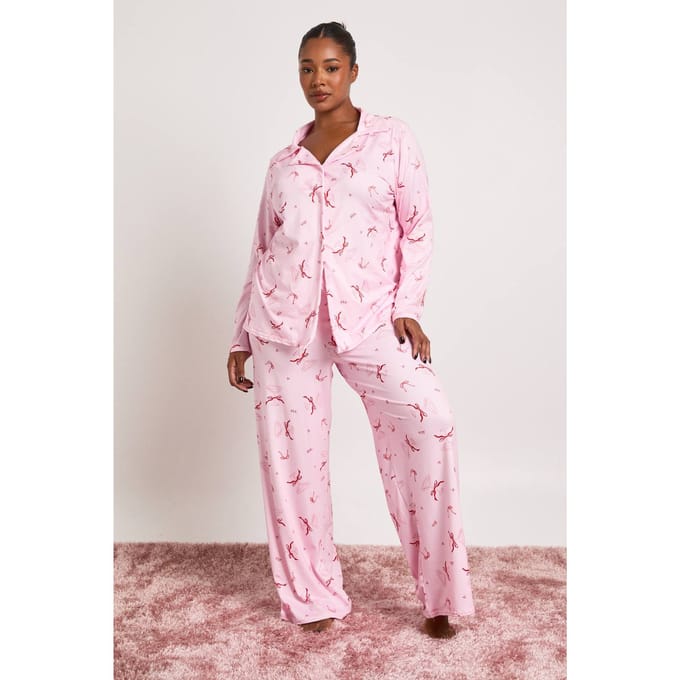 boohoo Dames Plus Strik Cocktail Lange Mouw Shirt En Broek Pyjama Set | Roze | Maat: 46