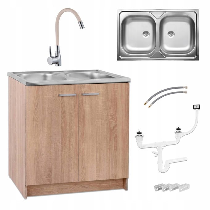 STAMAR - Keukenonderkast 80 cm met 2-baks RVS spoelbak, beige flexibele keukenkraan en sifon - sonoma eiken