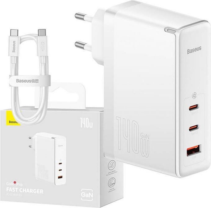 Baseus GaN5 Pro Wall Charger 140W met USB C kabel - Programmable Power Supply PPS + Power Delivery PD3.1 + QuickCharge QC4.0 - Wit