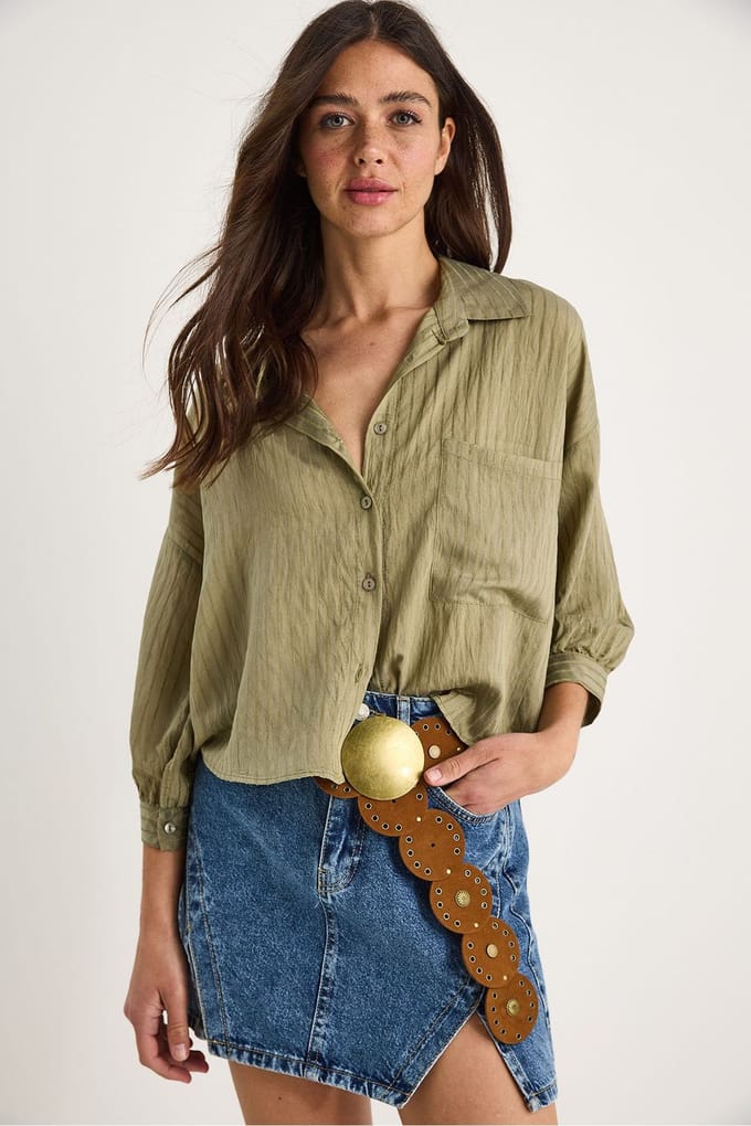 Gestructureerde Gestreepte Cropped Shirt met Knopen en Zak
