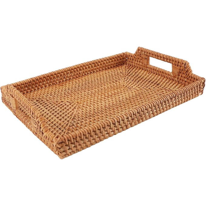 Wicker Serveerblad Handgeweven Rotan Rechthoekig Serveerblad met Handgrepen voor Ontbijtdrankjes beige