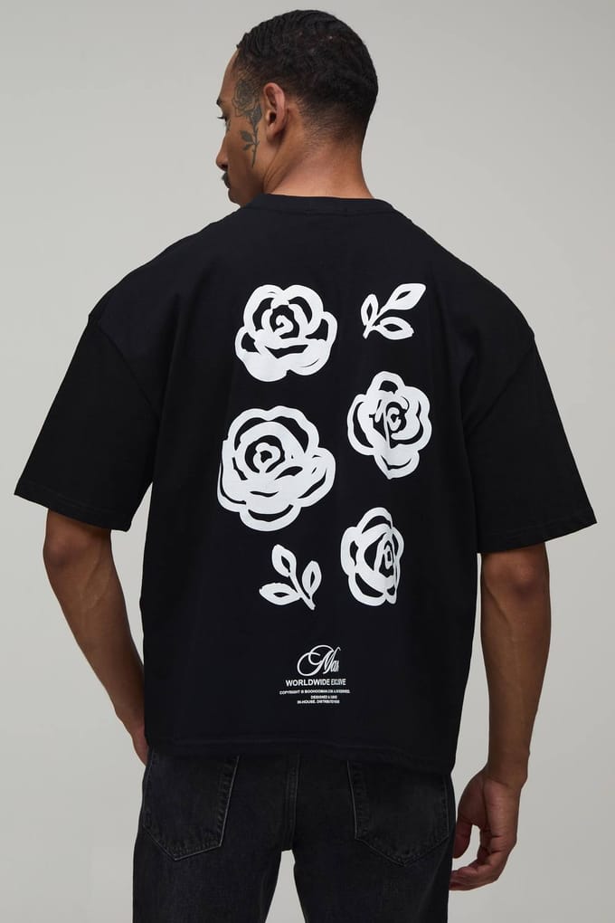 Oversized Boxy Heren Script Bloemenprint T-shirt | Black | Size Small