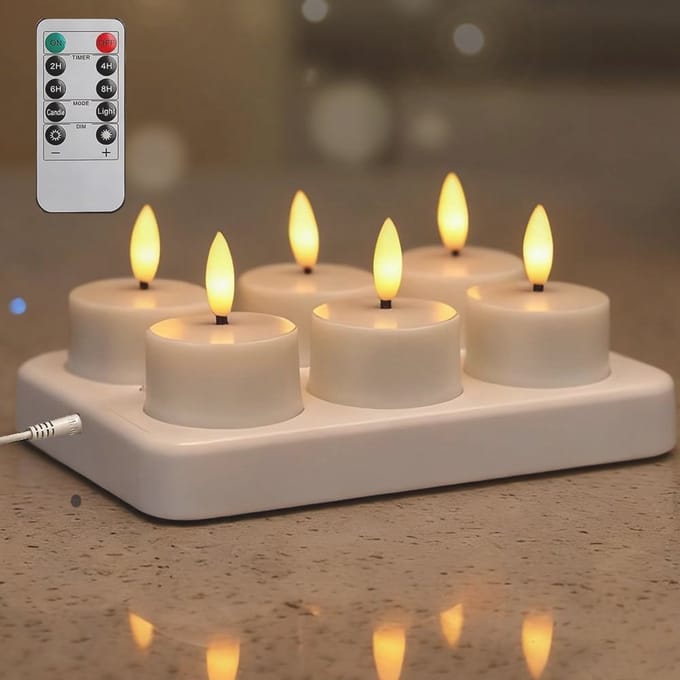 Oplaadbare LED-theelichtjes met Afstandsbediening en Timer - Set van 6 voor Feestdecoratie