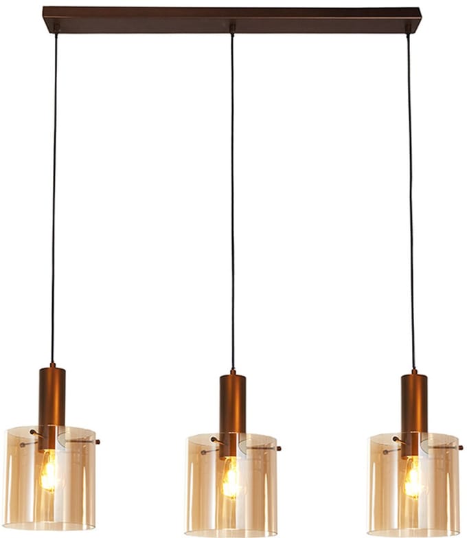 Searchlight Moderne Hanglamp E27 Lund 3 Lichtpunten Rechthoek Amber/Koffie Glas Eetkamer Keuken Dimbaar