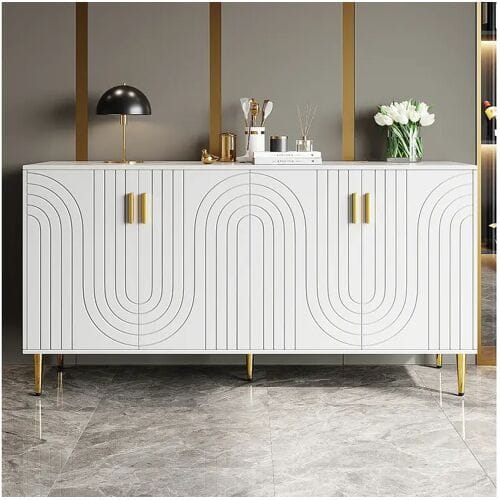 Wit dressoir met uniek golfdesign, gouden handgrepen en poten, MDF, voor een elegante eetruimte (152x40x75 cm)