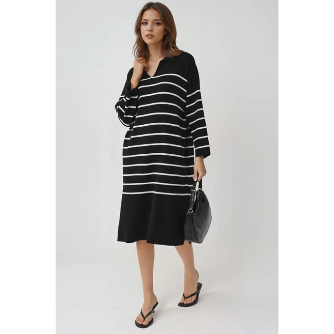Gestreepte V-hals Losse Midi Trui Jurk met Split