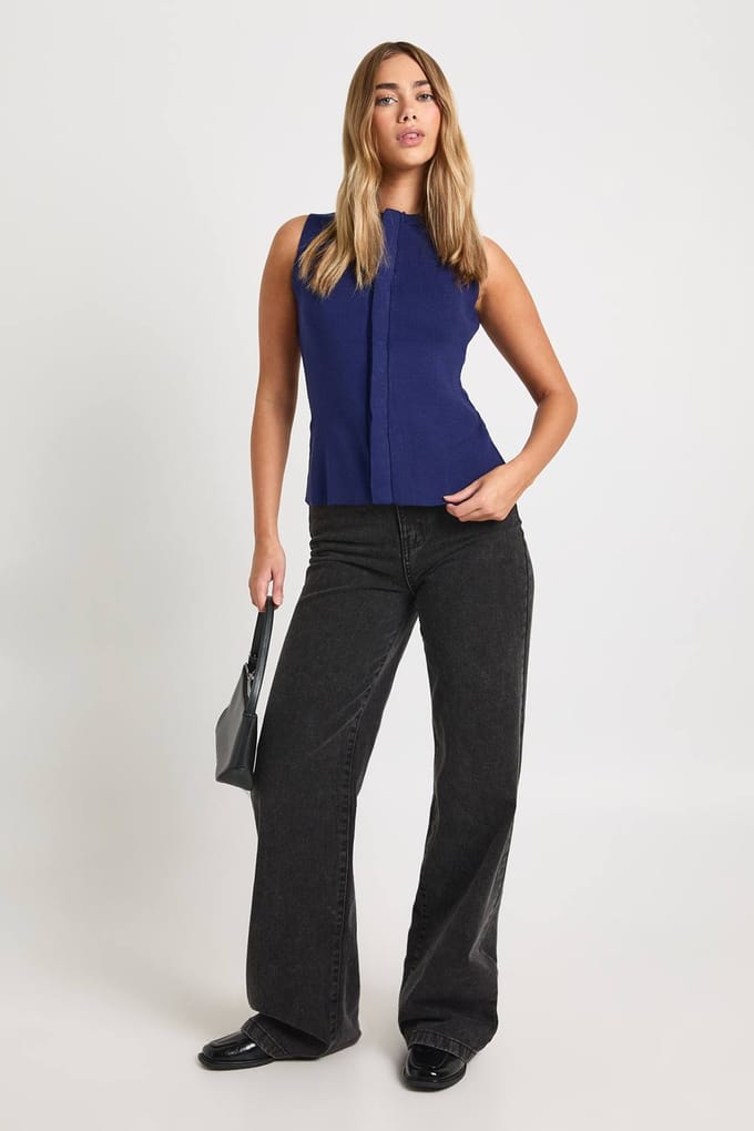 boohoo Dames Ronde hals gebreid vest met verborgen panelen | Navy | Maat: Medium